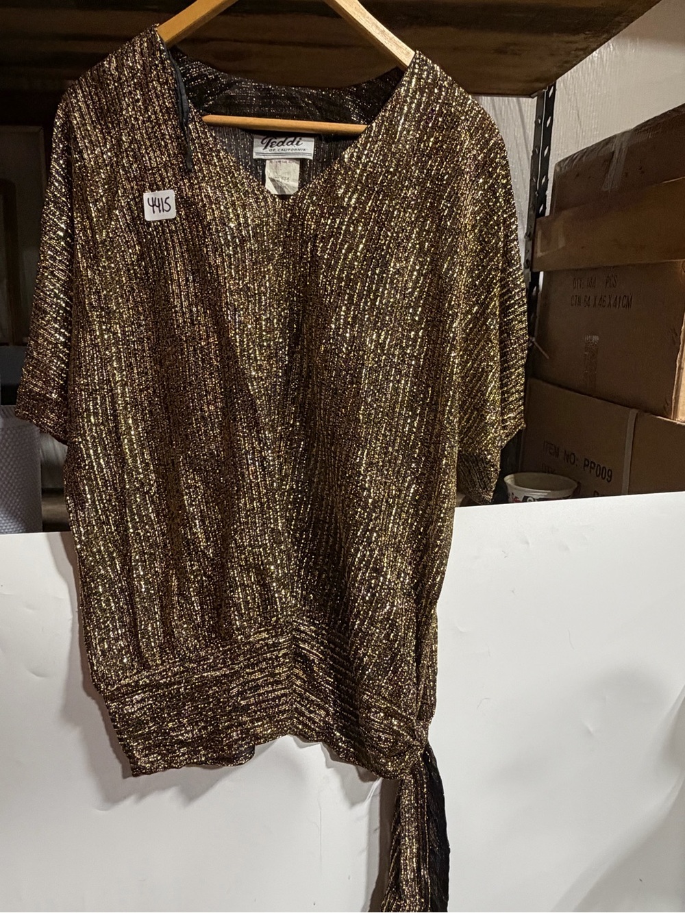 #4415-Teddi Shimmery Gold Short-Sleeve Side-Tie Tunic